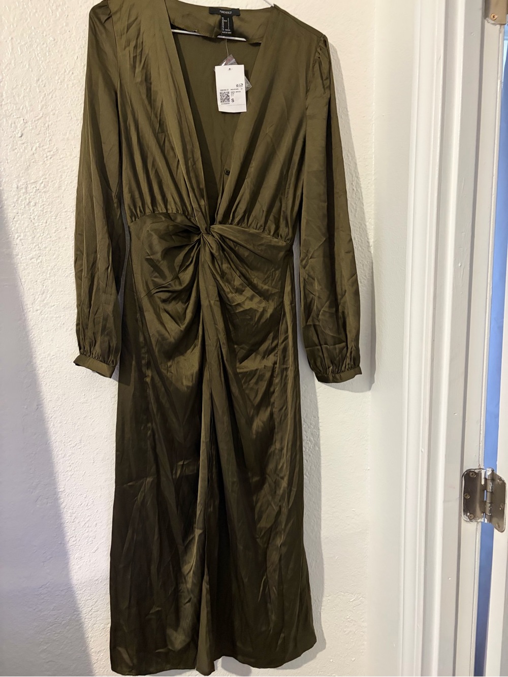 Olive Twist-Front Long Sleeve Dress